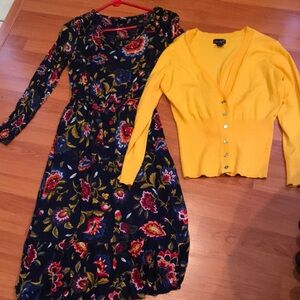Navy Floral Midi Dress + Yellow Cardigan Set